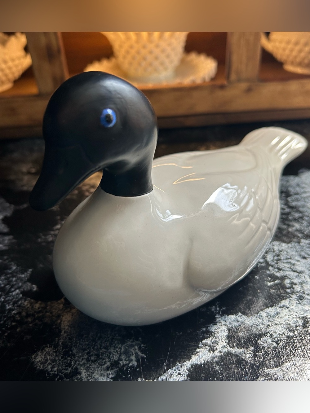 Ceramic Duck Figurine - Black and White Decorative Home Art